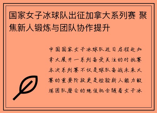 国家女子冰球队出征加拿大系列赛 聚焦新人锻炼与团队协作提升